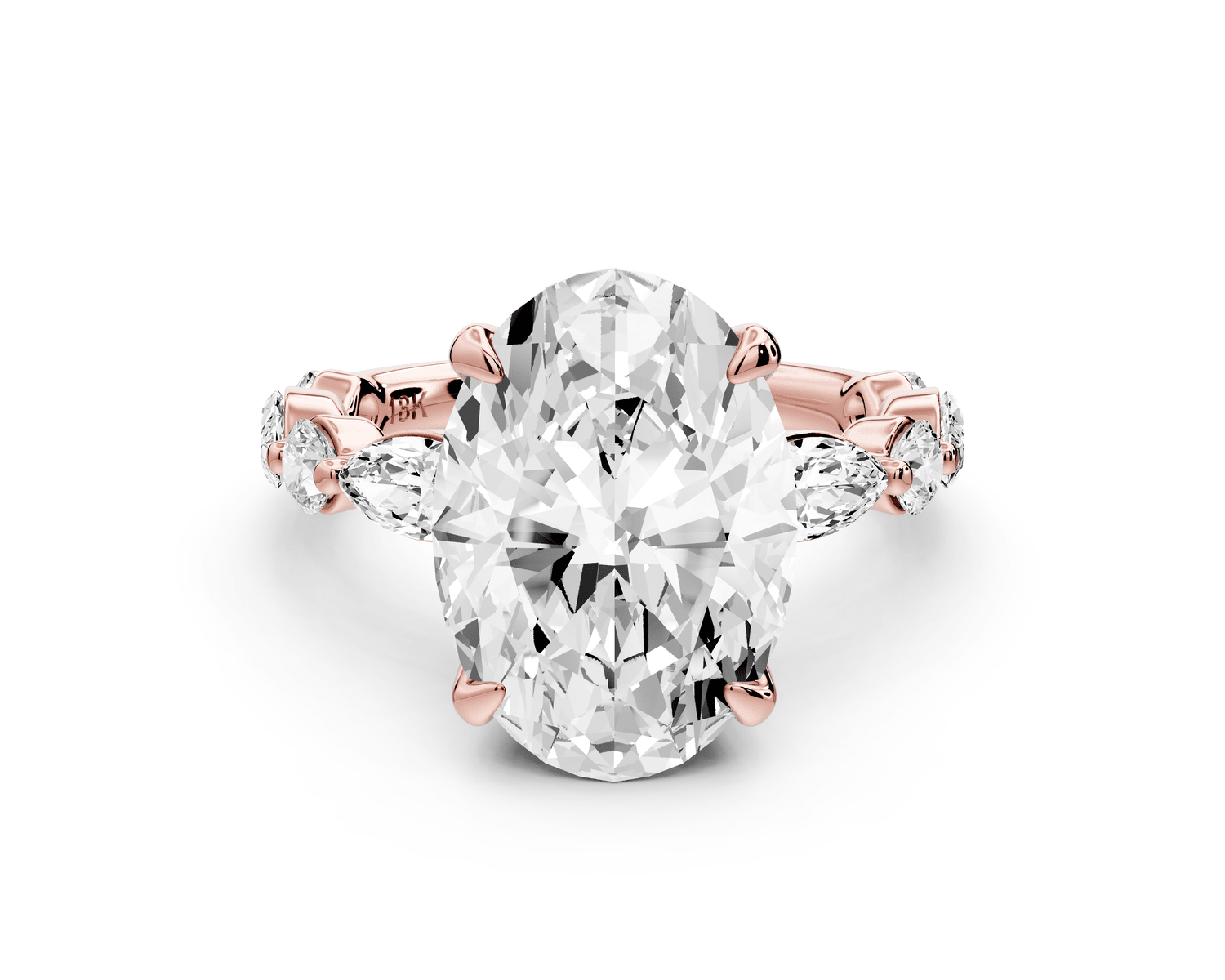 Amalia - 3ct 18k rose gold oval Round Diamond with Alternating 8 - Stone Marquise and Round Diamond Band Engagement Ring - Mr. Alex Jewelry