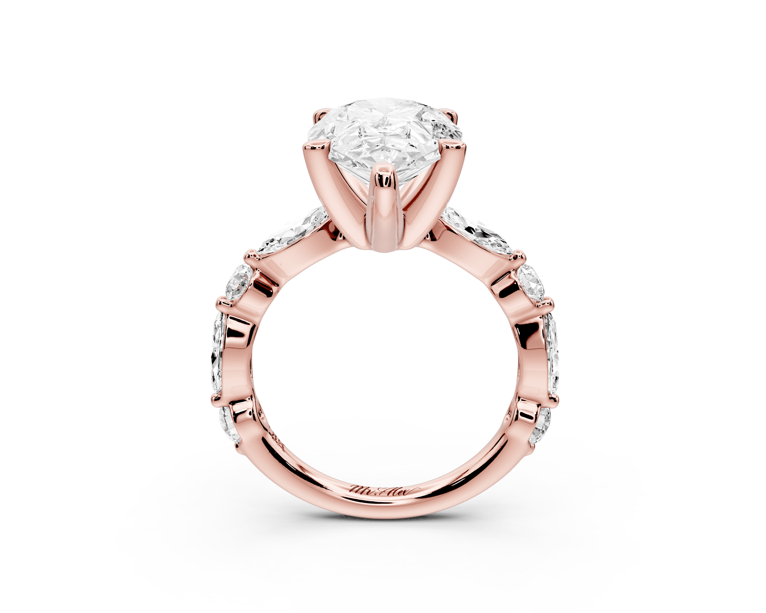 Amalia - 3ct 18k rose gold pear Round Diamond with Alternating 8 - Stone Marquise and Round Diamond Band Engagement Ring - Mr. Alex Jewelry