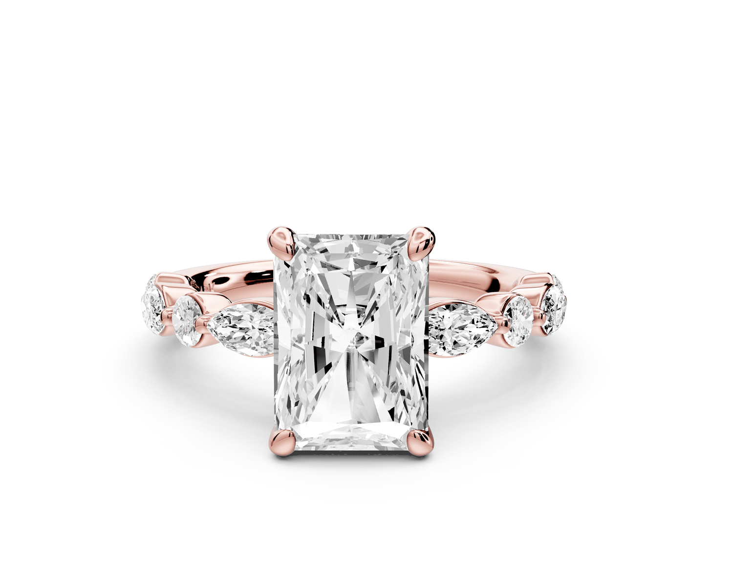 Amalia - 3ct 18k rose gold radiant Round Diamond with Alternating 8 - Stone Marquise and Round Diamond Band Engagement Ring - Mr. Alex Jewelry