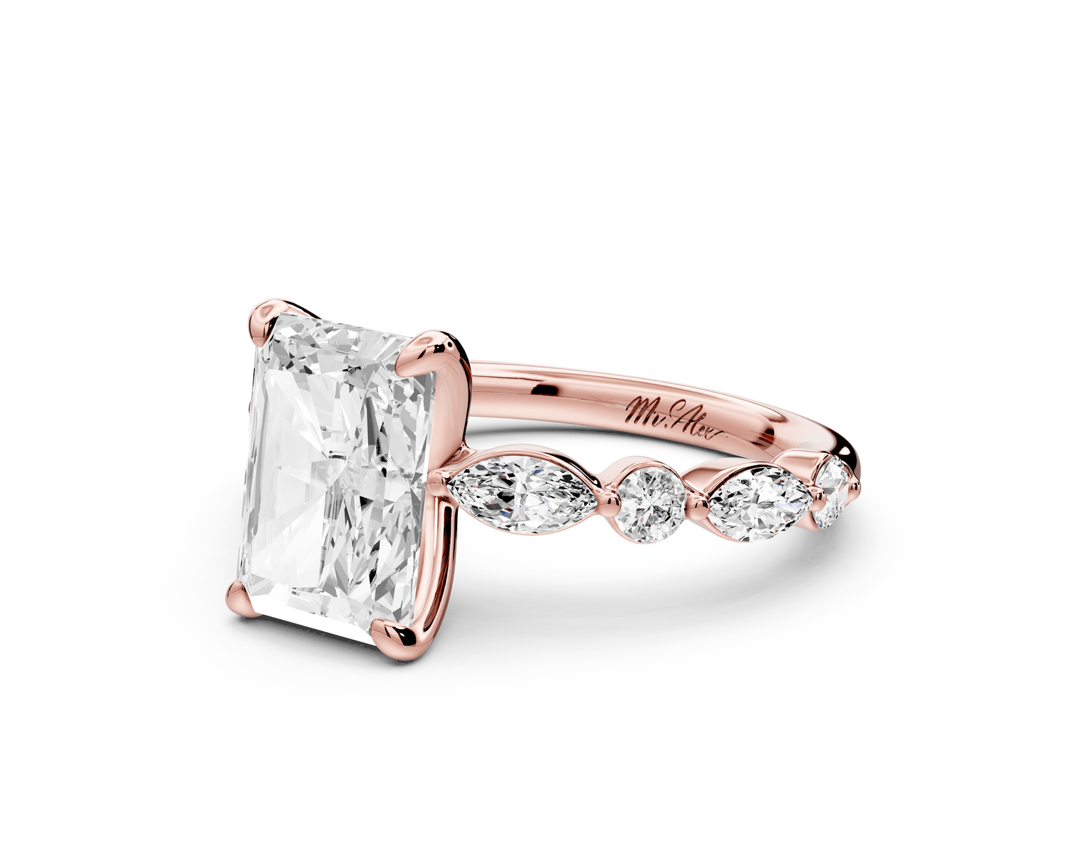 Amalia - 3ct 18k rose gold radiant Round Diamond with Alternating 8 - Stone Marquise and Round Diamond Band Engagement Ring - Mr. Alex Jewelry