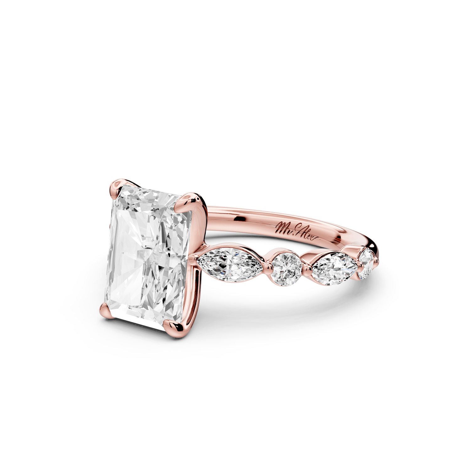 Amalia - 3ct 18k rose gold radiant Round Diamond with Alternating 8 - Stone Marquise and Round Diamond Band Engagement Ring - Mr. Alex Jewelry
