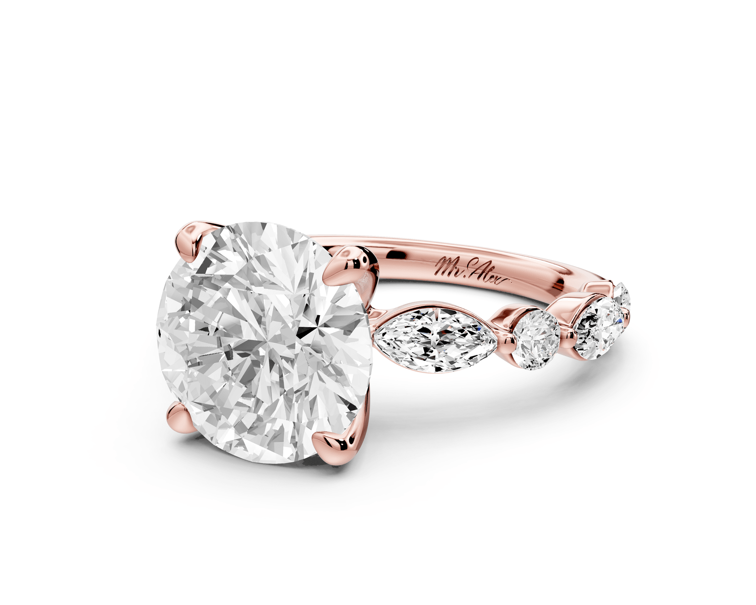 Amalia - 3ct 18k rose gold round Round Diamond with Alternating 8 - Stone Marquise and Round Diamond Band Engagement Ring - Mr. Alex Jewelry