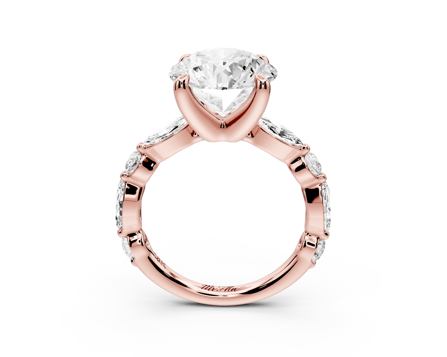 Amalia - 3ct 18k rose gold round Round Diamond with Alternating 8 - Stone Marquise and Round Diamond Band Engagement Ring - Mr. Alex Jewelry