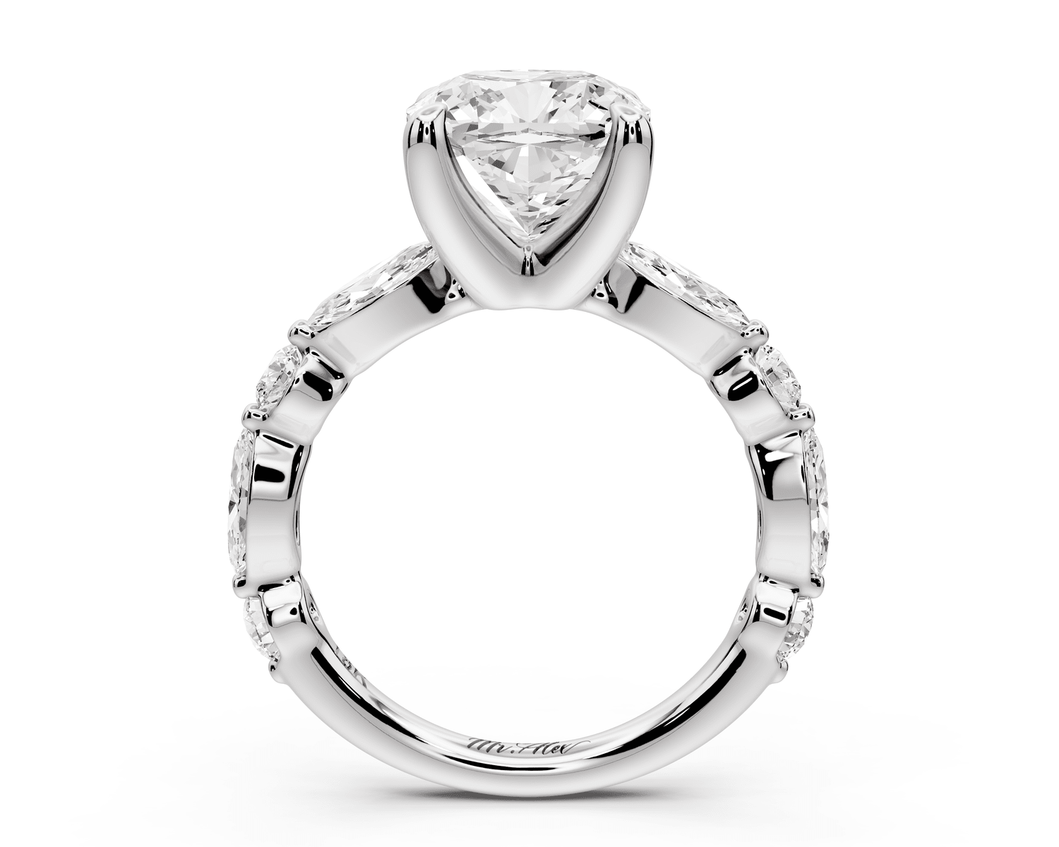 Amalia - 3ct 18k white gold cushion Round Diamond with Alternating 8 - Stone Marquise and Round Diamond Band Engagement Ring - Mr. Alex Jewelry