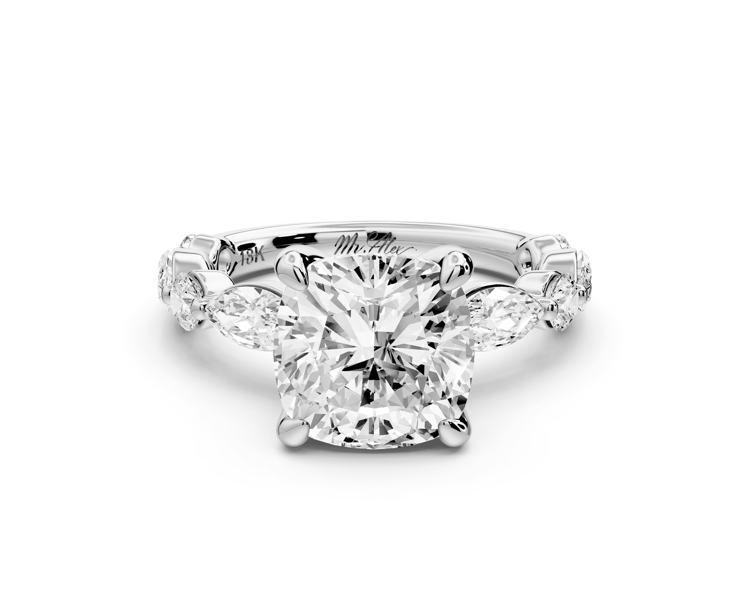 Amalia - 3ct 18k white gold cushion Round Diamond with Alternating 8 - Stone Marquise and Round Diamond Band Engagement Ring - Mr. Alex Jewelry