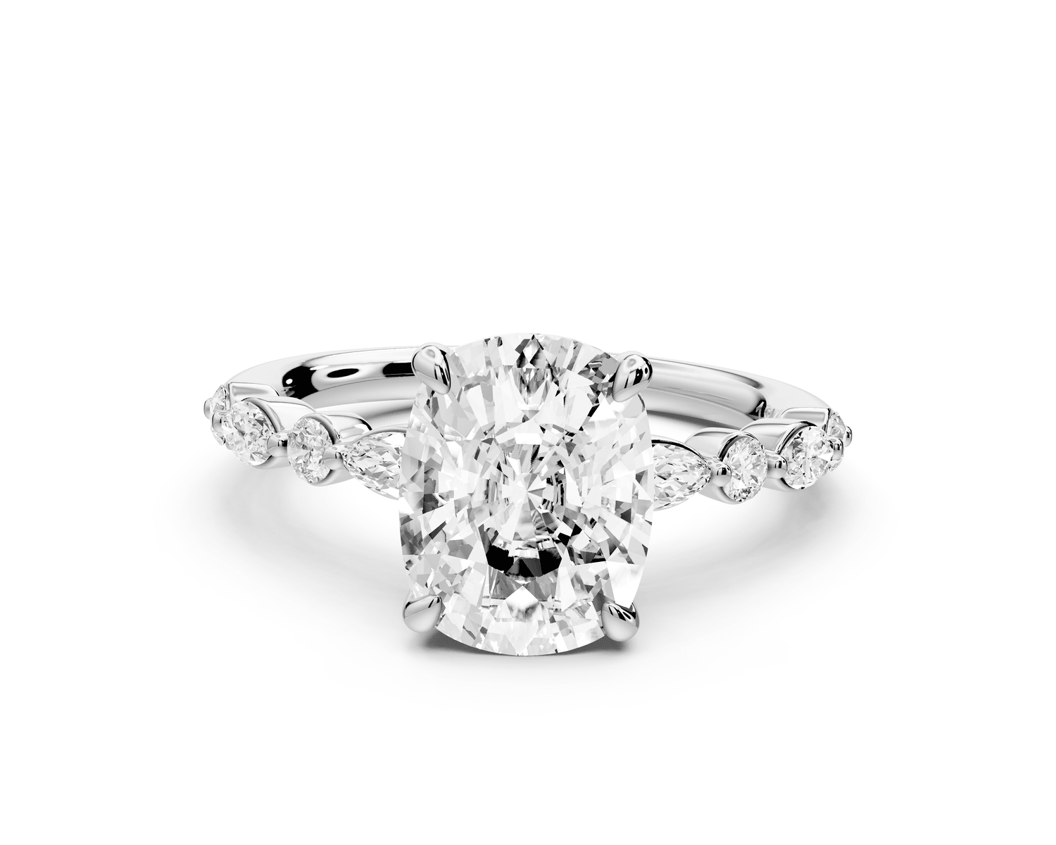 Amalia - 3ct 18k white gold ecushion Round Diamond with Alternating 8 - Stone Marquise and Round Diamond Band Engagement Ring - Mr. Alex Jewelry