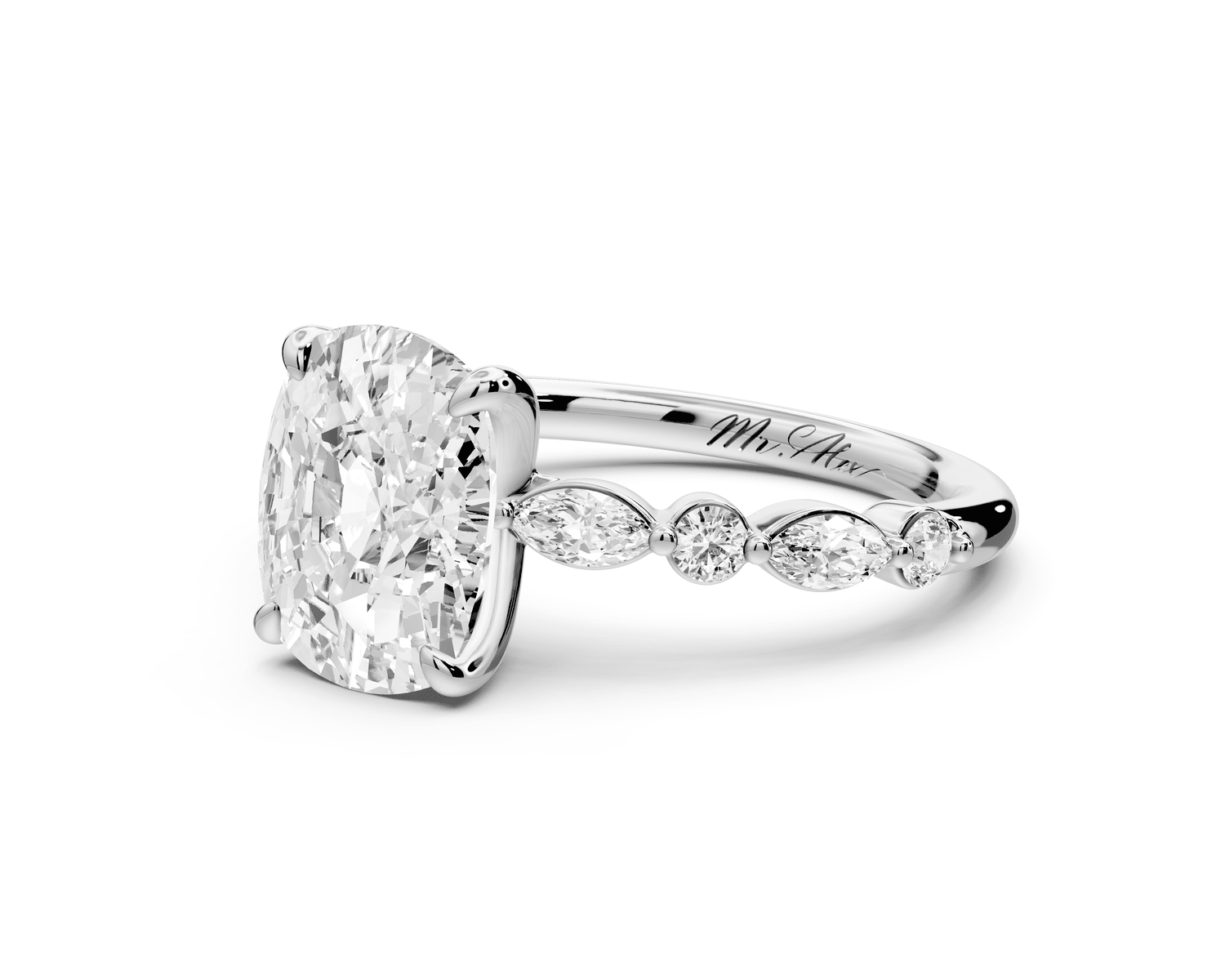 Amalia - 3ct 18k white gold ecushion Round Diamond with Alternating 8 - Stone Marquise and Round Diamond Band Engagement Ring - Mr. Alex Jewelry