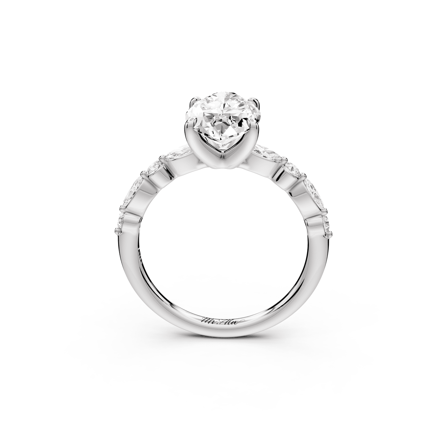 Amalia - 3ct 18k white gold marquise Round Diamond with Alternating 8 - Stone Marquise and Round Diamond Band Engagement Ring - Mr. Alex Jewelry