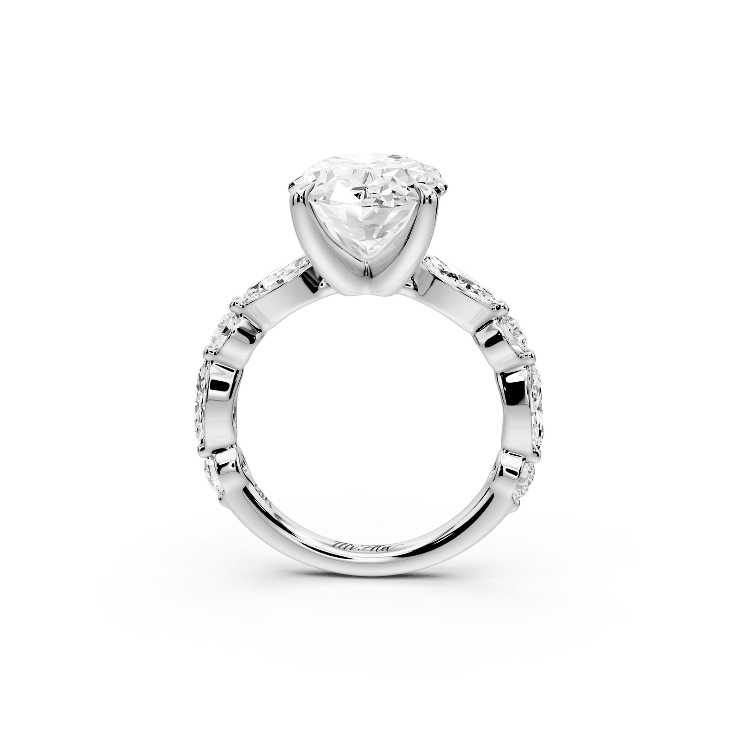 Amalia - 3ct 18k white gold oval Round Diamond with Alternating 8 - Stone Marquise and Round Diamond Band Engagement Ring - Mr. Alex Jewelry