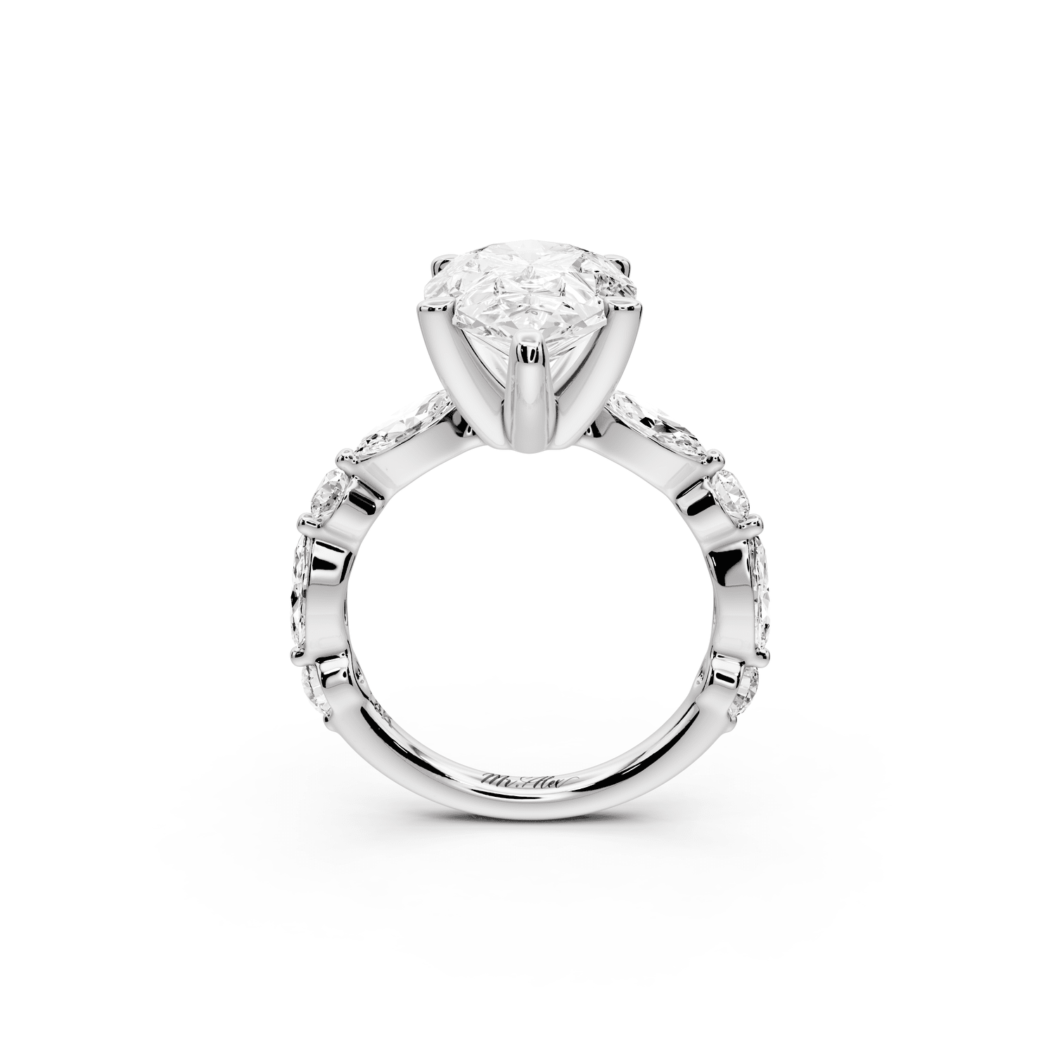 Amalia - 3ct 18k white gold pear Round Diamond with Alternating 8 - Stone Marquise and Round Diamond Band Engagement Ring - Mr. Alex Jewelry