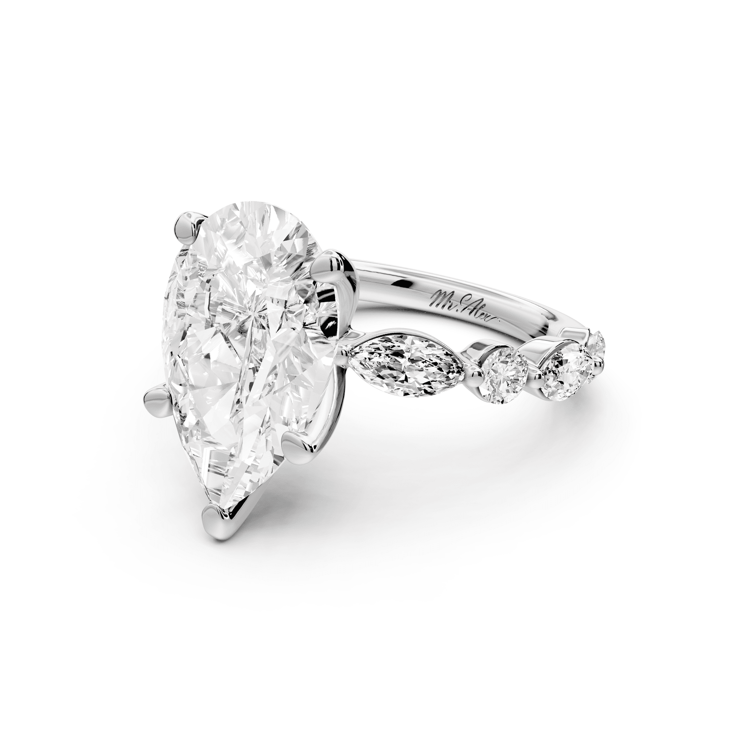 Amalia - 3ct 18k white gold pear Round Diamond with Alternating 8 - Stone Marquise and Round Diamond Band Engagement Ring - Mr. Alex Jewelry