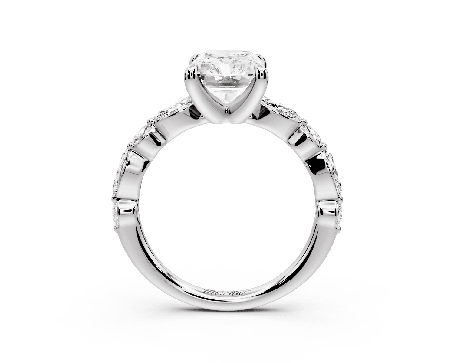 Amalia - 3ct 18k white gold radiant Round Diamond with Alternating 8 - Stone Marquise and Round Diamond Band Engagement Ring - Mr. Alex Jewelry