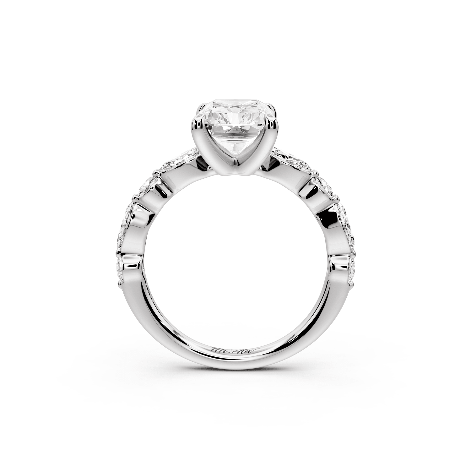 Amalia - 3ct 18k white gold radiant Round Diamond with Alternating 8 - Stone Marquise and Round Diamond Band Engagement Ring - Mr. Alex Jewelry