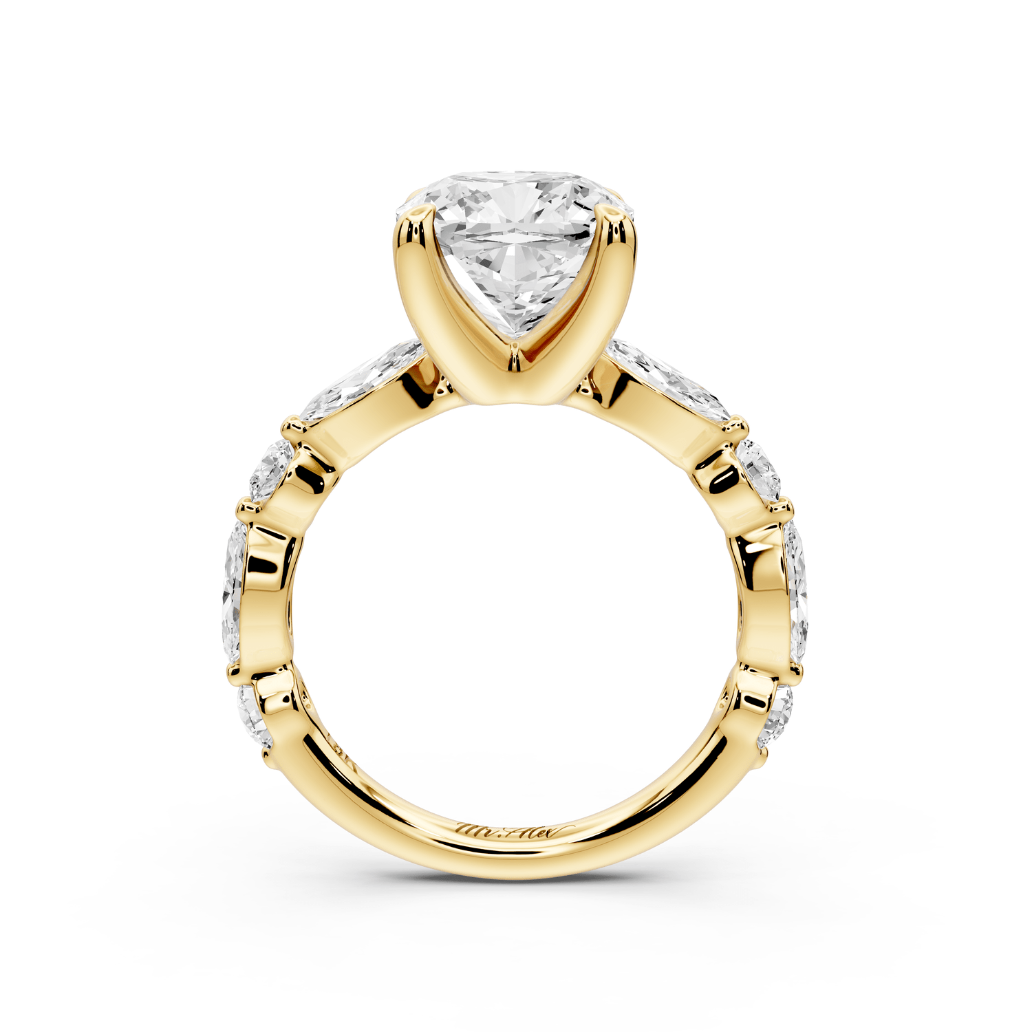 Amalia - 3ct 18k yellow gold cushion Round Diamond with Alternating 8 - Stone Marquise and Round Diamond Band Engagement Ring - Mr. Alex Jewelry
