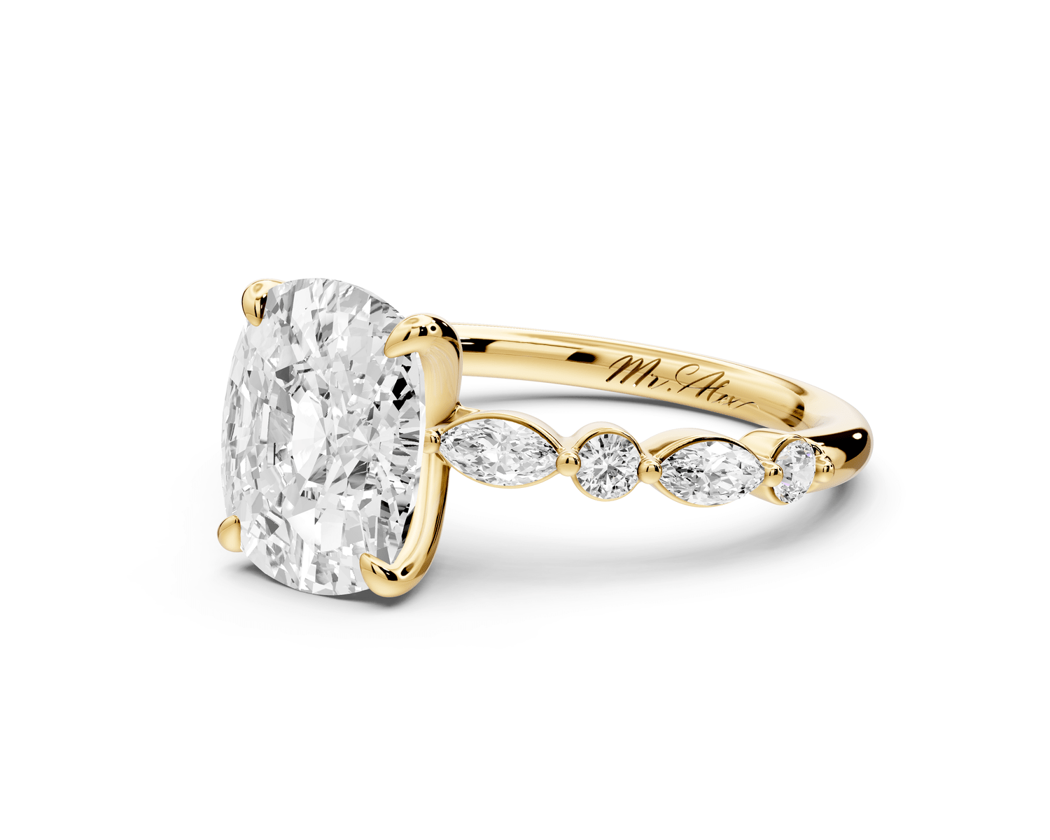 Amalia - 3ct 18k yellow gold ecushion Round Diamond with Alternating 8 - Stone Marquise and Round Diamond Band Engagement Ring - Mr. Alex Jewelry