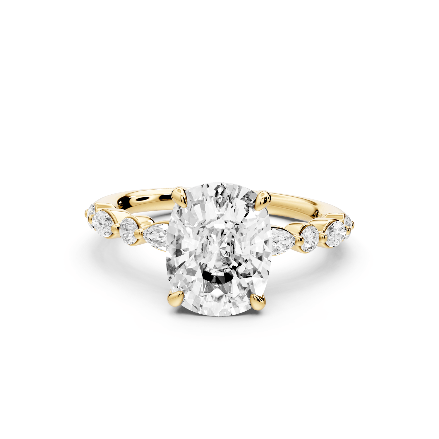 Amalia - 3ct 18k yellow gold ecushion Round Diamond with Alternating 8 - Stone Marquise and Round Diamond Band Engagement Ring - Mr. Alex Jewelry