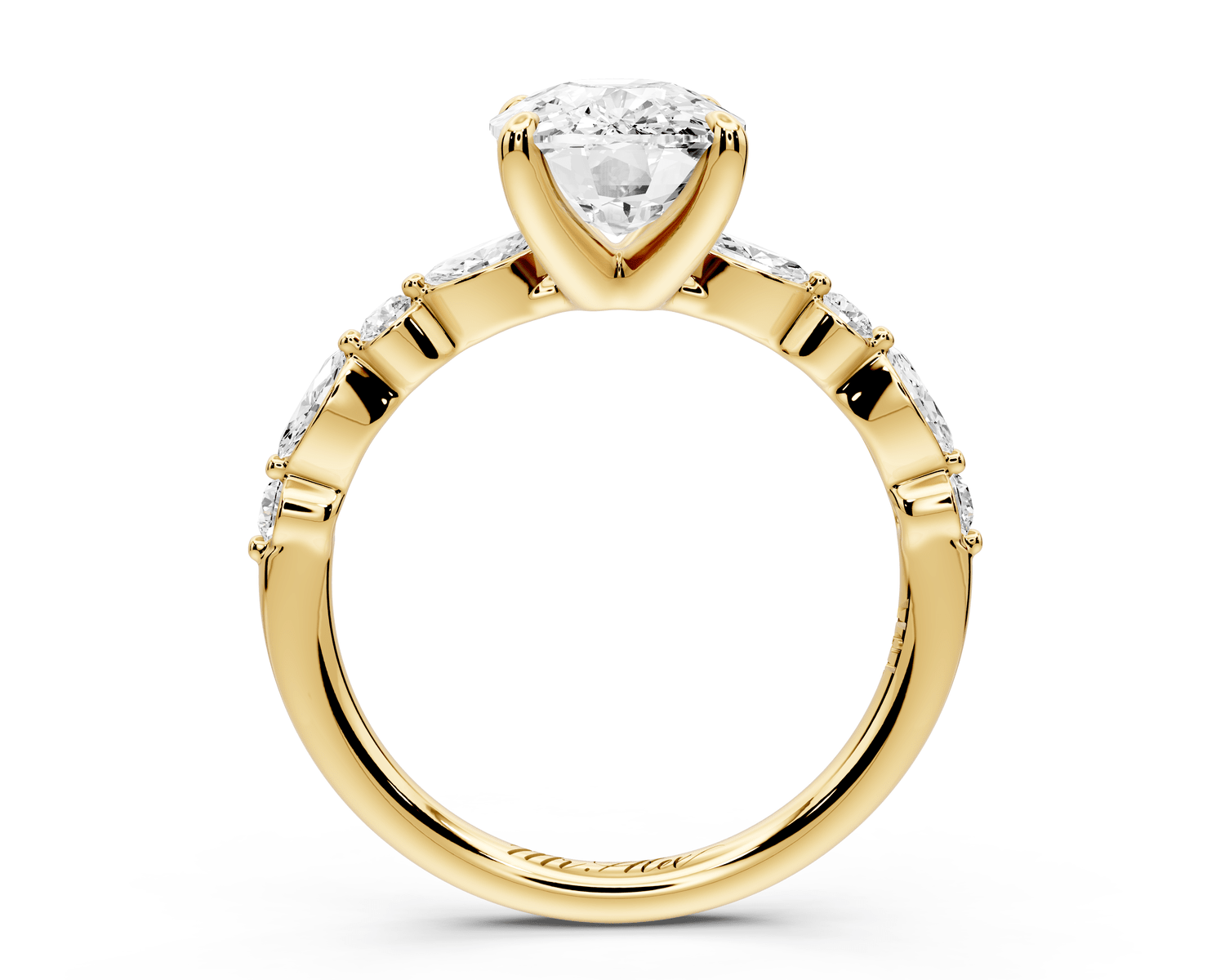 Amalia - 3ct 18k yellow gold ecushion Round Diamond with Alternating 8 - Stone Marquise and Round Diamond Band Engagement Ring - Mr. Alex Jewelry