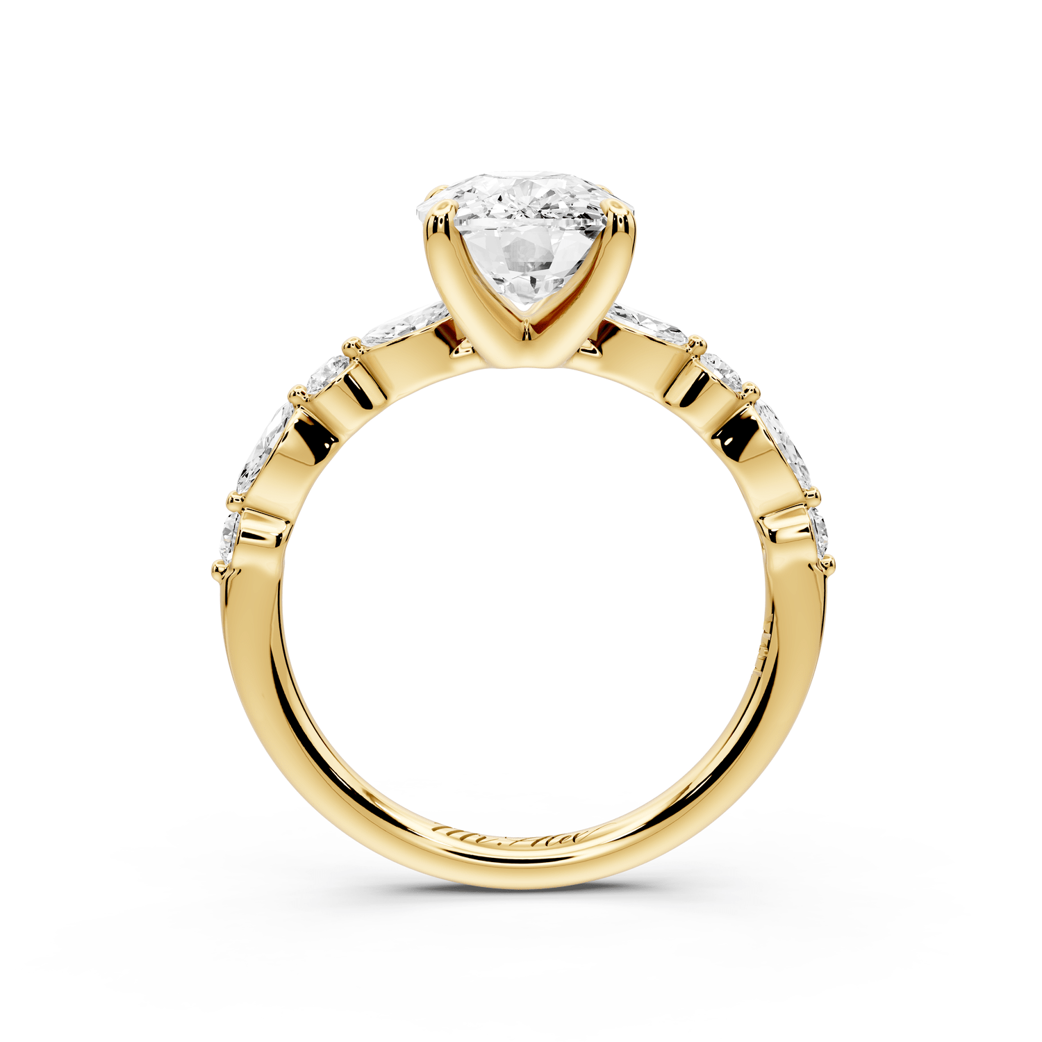 Amalia - 3ct 18k yellow gold ecushion Round Diamond with Alternating 8 - Stone Marquise and Round Diamond Band Engagement Ring - Mr. Alex Jewelry