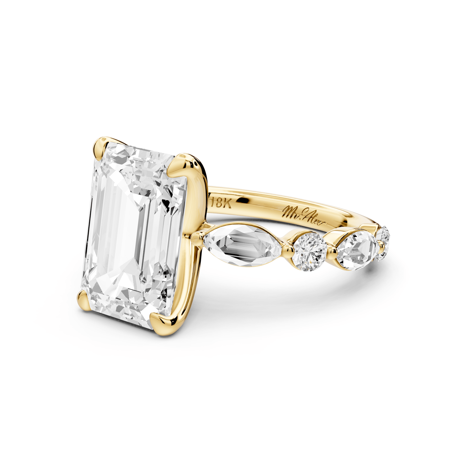 Amalia - 3ct 18k yellow gold emerald Round Diamond with Alternating 8 - Stone Marquise and Round Diamond Band Engagement Ring - Mr. Alex Jewelry