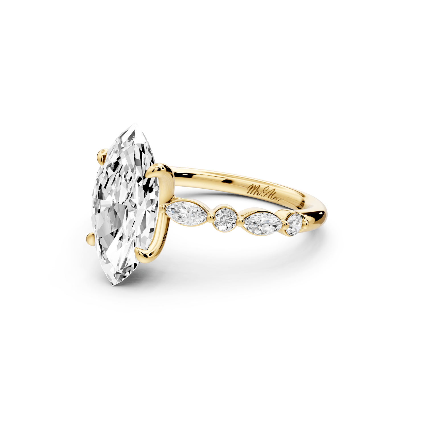 Amalia - 3ct 18k yellow gold marquise Round Diamond with Alternating 8 - Stone Marquise and Round Diamond Band Engagement Ring - Mr. Alex Jewelry