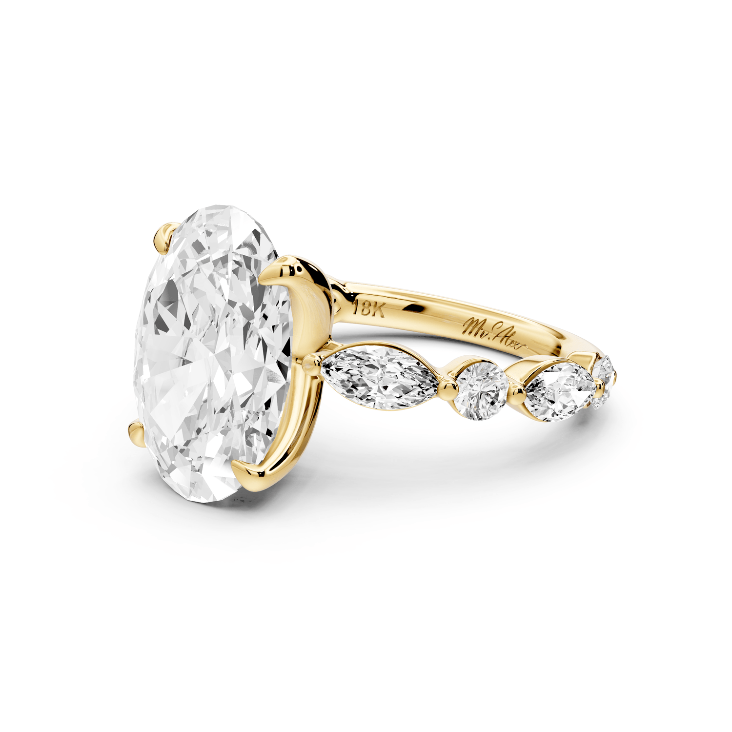 Amalia - 3ct 18k yellow gold oval Round Diamond with Alternating 8 - Stone Marquise and Round Diamond Band Engagement Ring - Mr. Alex Jewelry