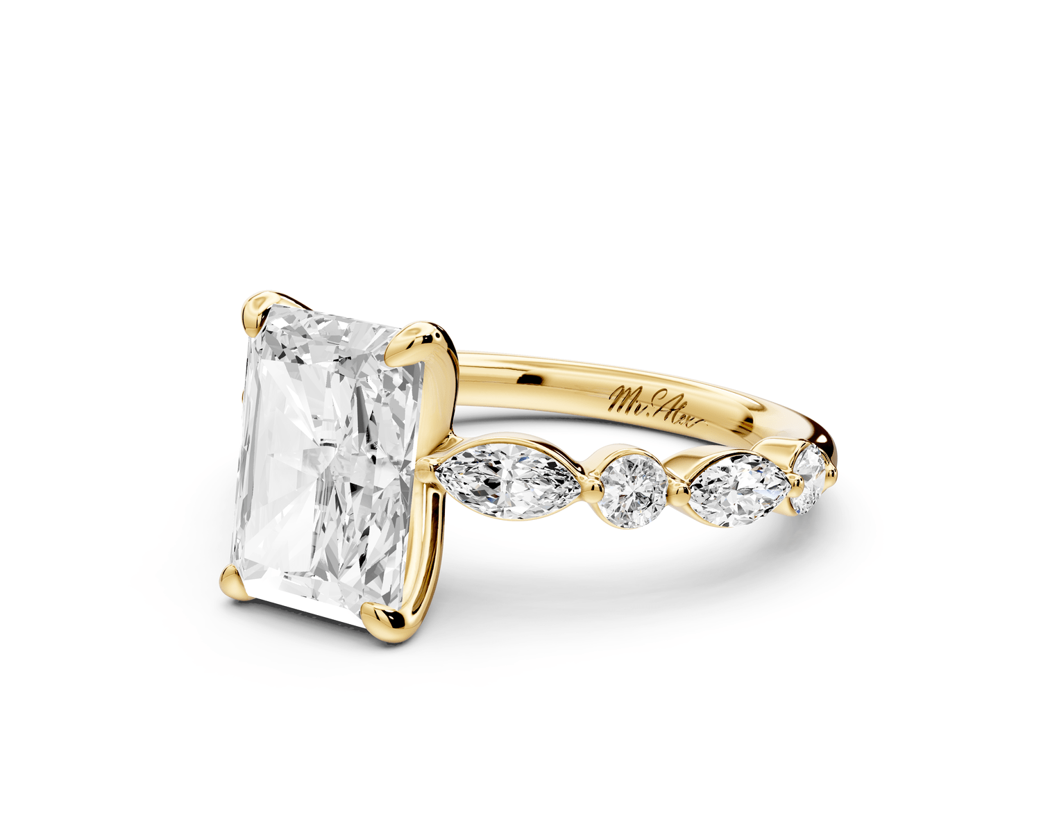 Amalia - 3ct 18k yellow gold radiant Round Diamond with Alternating 8 - Stone Marquise and Round Diamond Band Engagement Ring - Mr. Alex Jewelry