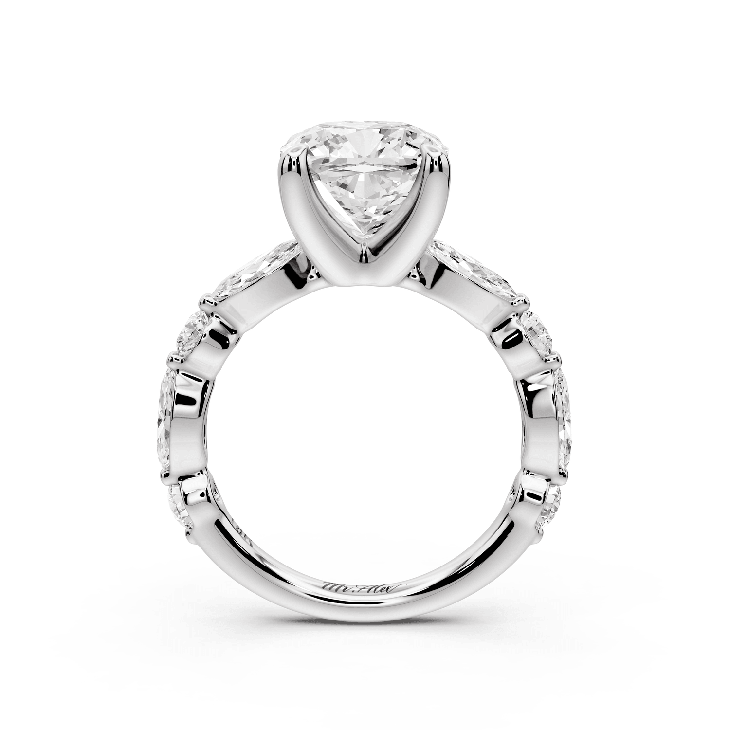 Amalia - 3ct platinum cushion Round Diamond with Alternating 8 - Stone Marquise and Round Diamond Band Engagement Ring - Mr. Alex Jewelry