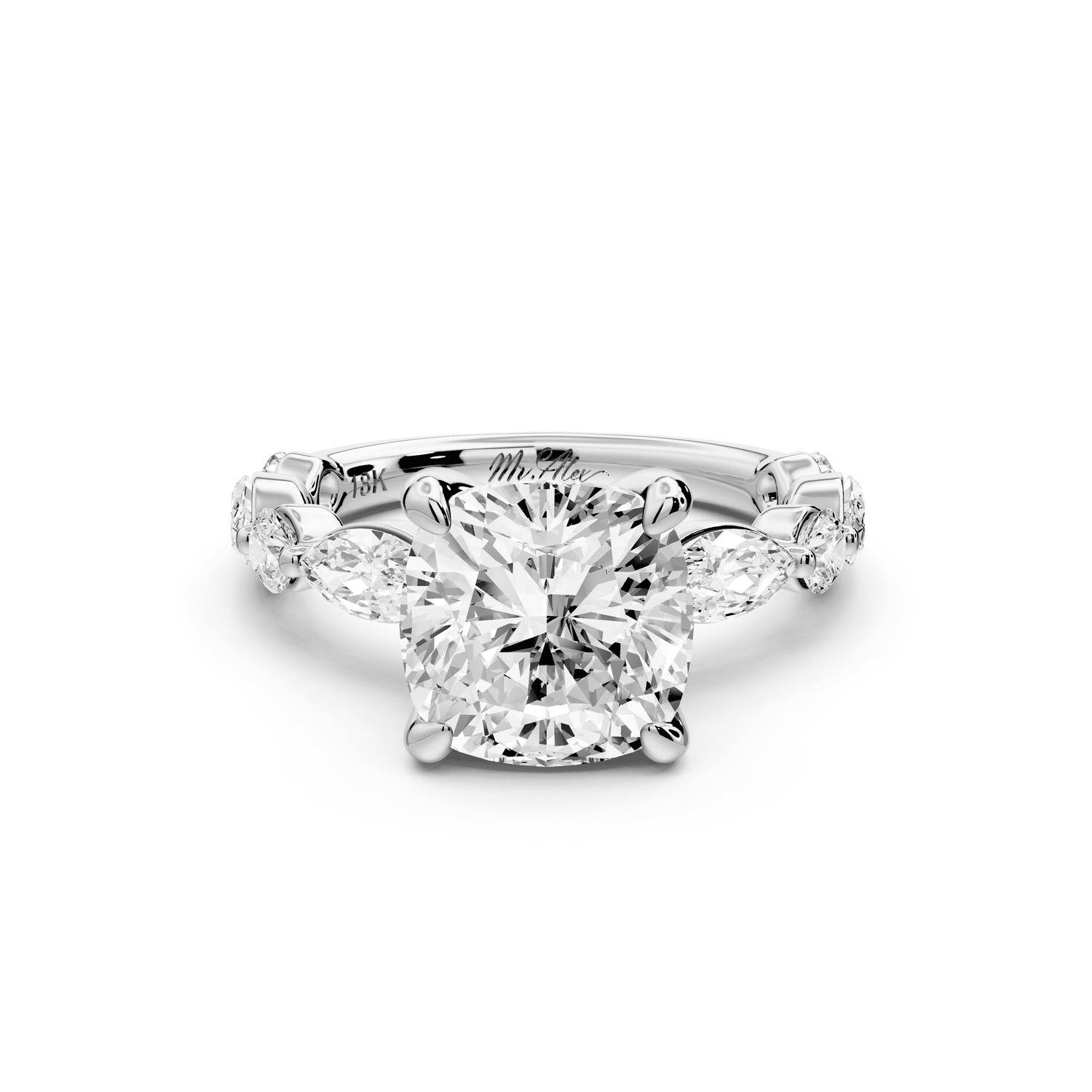 Amalia - 3ct platinum cushion Round Diamond with Alternating 8 - Stone Marquise and Round Diamond Band Engagement Ring - Mr. Alex Jewelry