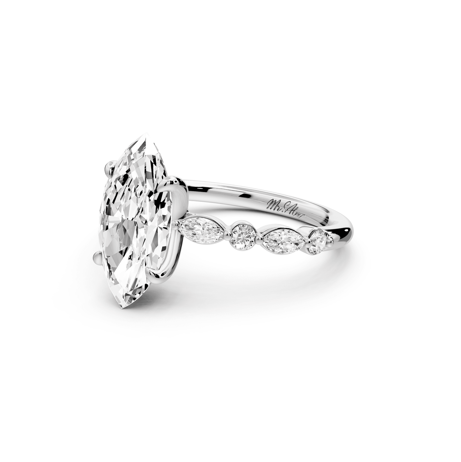 Amalia - 3ct platinum marquise Round Diamond with Alternating 8 - Stone Marquise and Round Diamond Band Engagement Ring - Mr. Alex Jewelry
