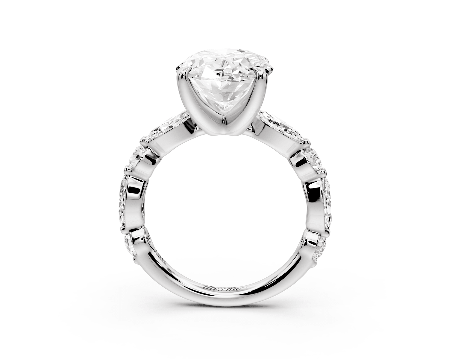 Amalia - 3ct platinum oval Round Diamond with Alternating 8 - Stone Marquise and Round Diamond Band Engagement Ring - Mr. Alex Jewelry