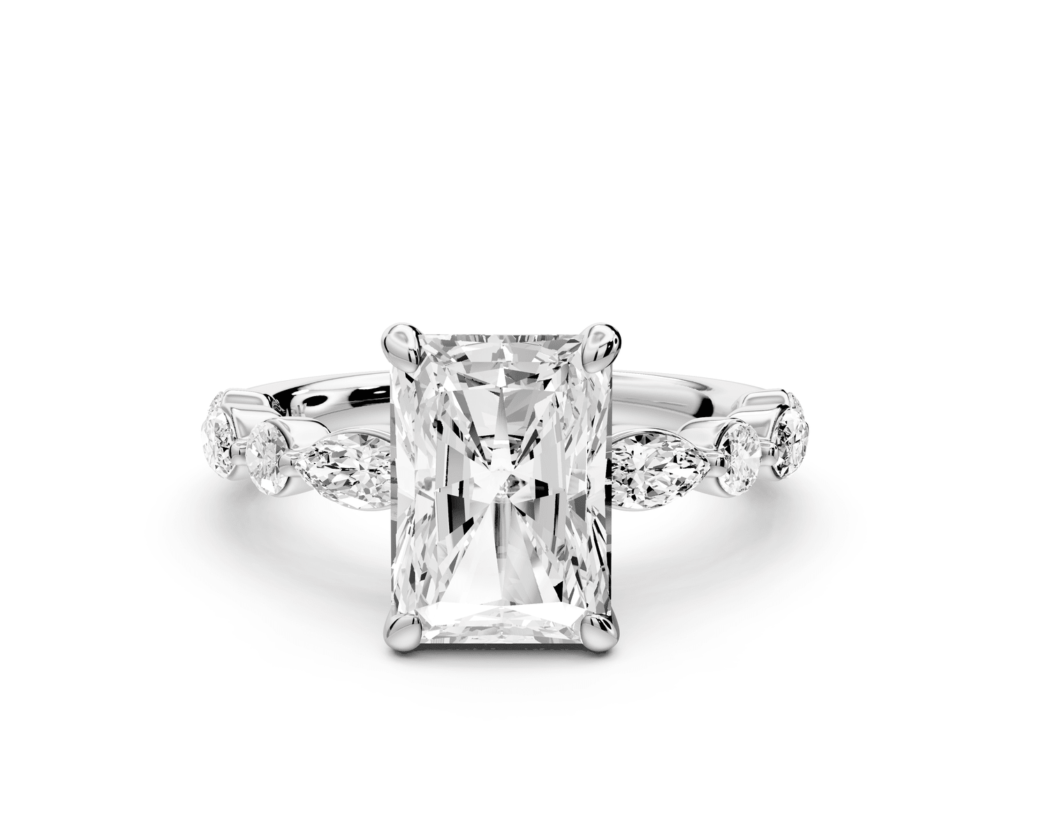 Amalia - 3ct platinum radiant Round Diamond with Alternating 8 - Stone Marquise and Round Diamond Band Engagement Ring - Mr. Alex Jewelry