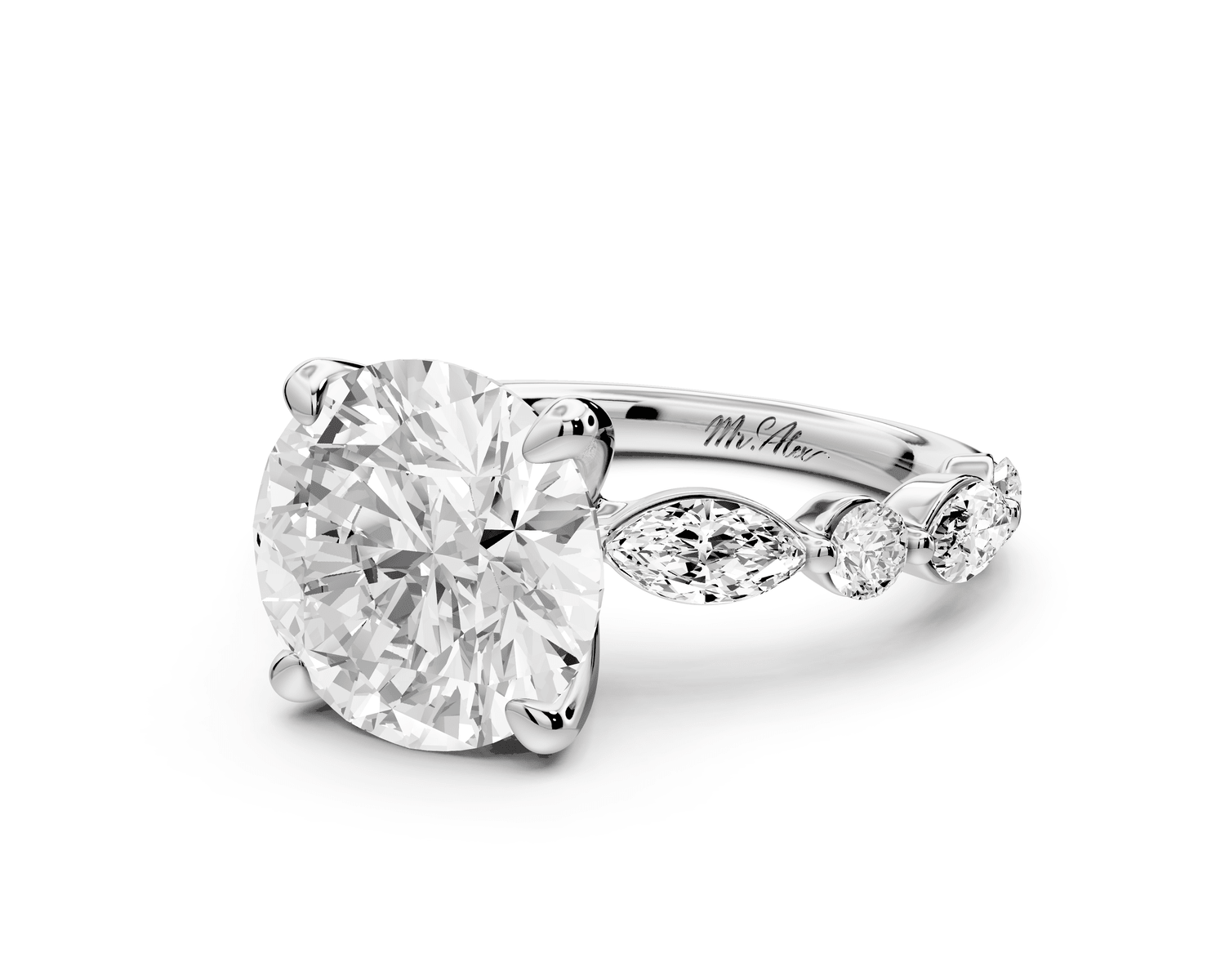 Amalia - 3ct platinum round Round Diamond with Alternating 8 - Stone Marquise and Round Diamond Band Engagement Ring - Mr. Alex Jewelry