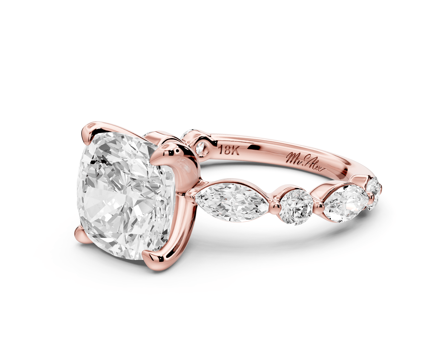 Amalia - 4ct 14k rose gold cushion Round Diamond with Alternating 8 - Stone Marquise and Round Diamond Band Engagement Ring - Mr. Alex Jewelry