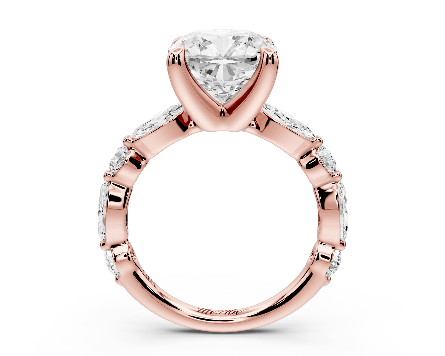 Amalia - 4ct 14k rose gold cushion Round Diamond with Alternating 8 - Stone Marquise and Round Diamond Band Engagement Ring - Mr. Alex Jewelry