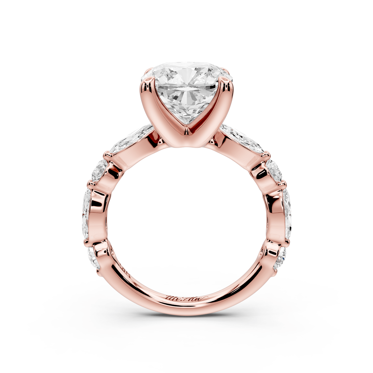 Amalia - 4ct 14k rose gold cushion Round Diamond with Alternating 8 - Stone Marquise and Round Diamond Band Engagement Ring - Mr. Alex Jewelry