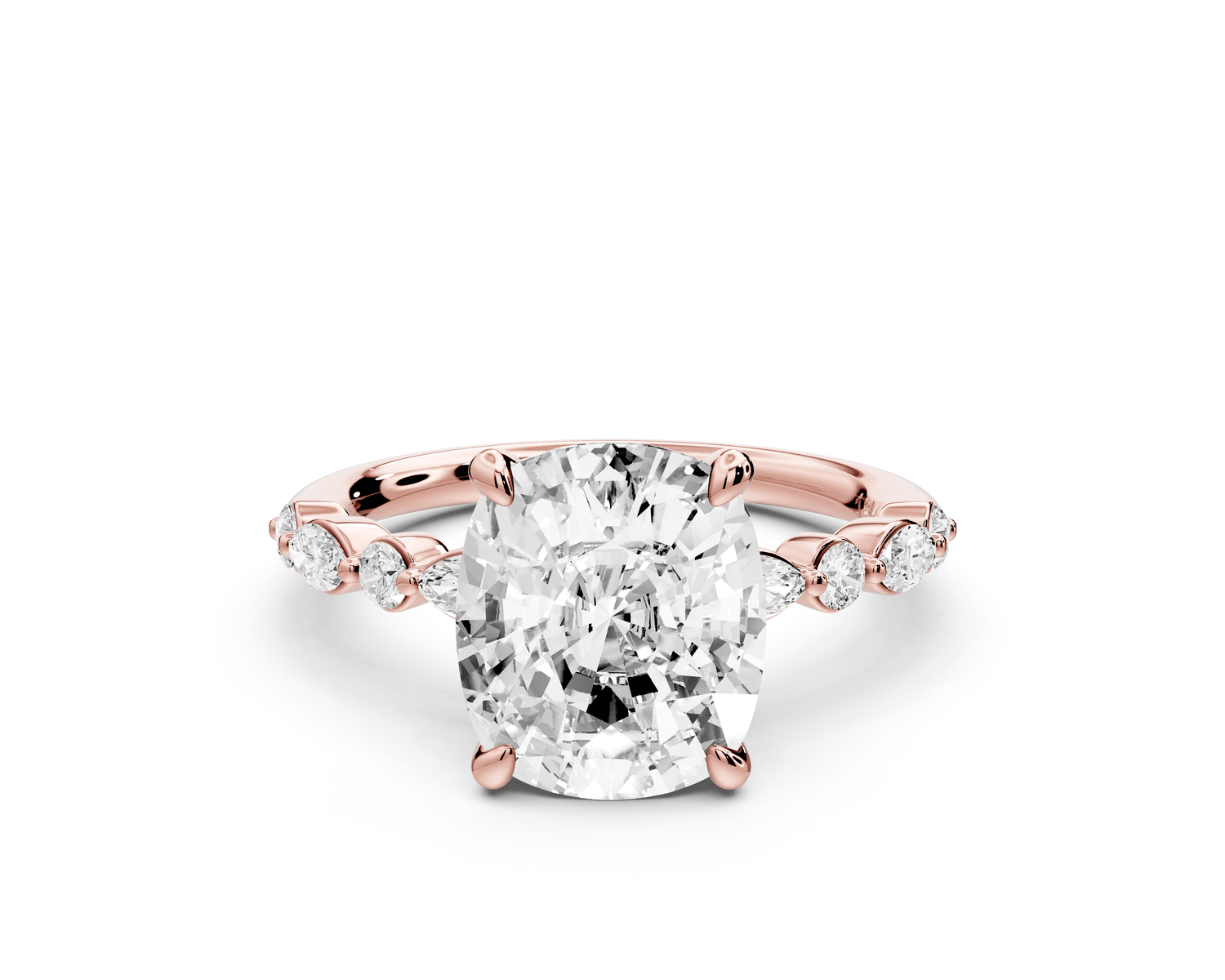 Amalia - 4ct 14k rose gold ecushion Round Diamond with Alternating 8 - Stone Marquise and Round Diamond Band Engagement Ring - Mr. Alex Jewelry