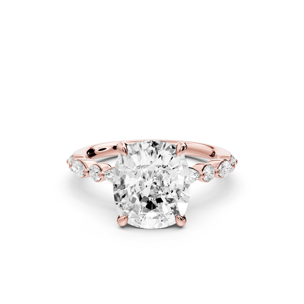 Amalia - 4ct 14k rose gold ecushion Round Diamond with Alternating 8 - Stone Marquise and Round Diamond Band Engagement Ring - Mr. Alex Jewelry