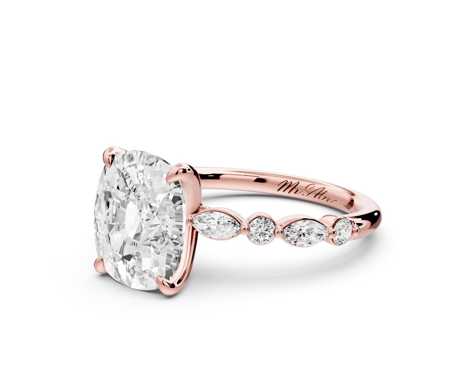Amalia - 4ct 14k rose gold ecushion Round Diamond with Alternating 8 - Stone Marquise and Round Diamond Band Engagement Ring - Mr. Alex Jewelry