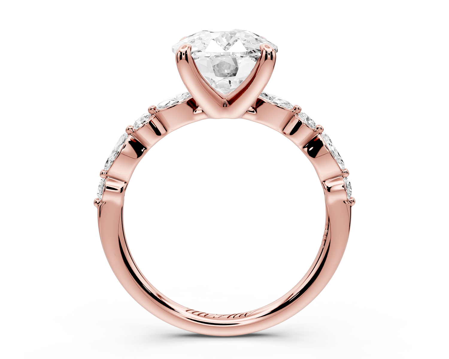 Amalia - 4ct 14k rose gold ecushion Round Diamond with Alternating 8 - Stone Marquise and Round Diamond Band Engagement Ring - Mr. Alex Jewelry