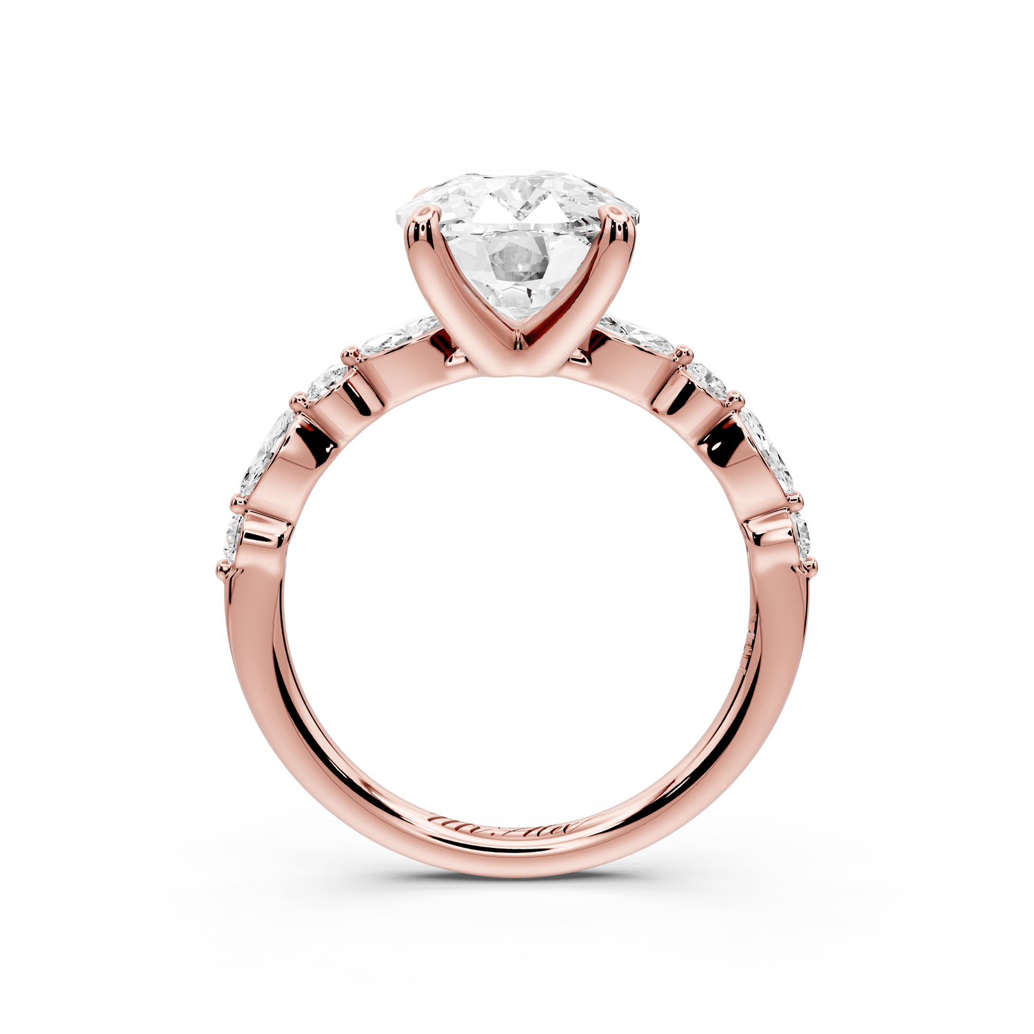 Amalia - 4ct 14k rose gold ecushion Round Diamond with Alternating 8 - Stone Marquise and Round Diamond Band Engagement Ring - Mr. Alex Jewelry