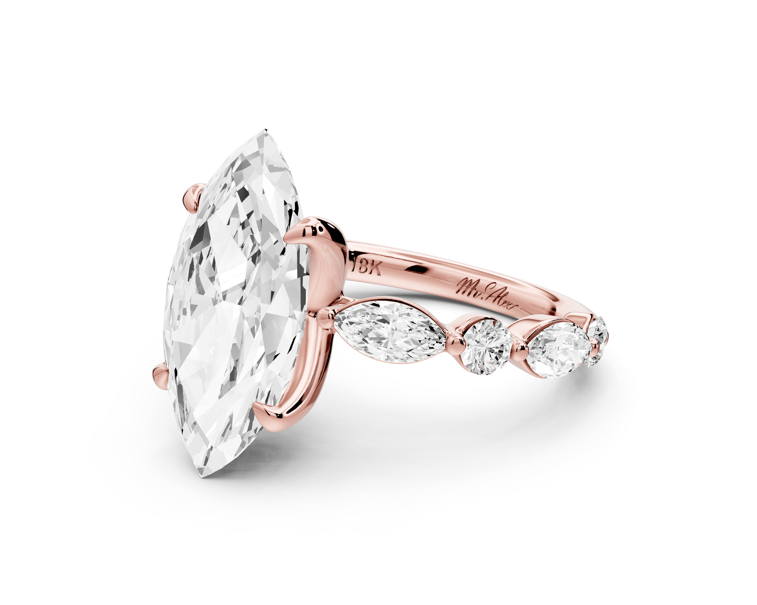 Amalia - 4ct 14k rose gold marquise Round Diamond with Alternating 8 - Stone Marquise and Round Diamond Band Engagement Ring - Mr. Alex Jewelry