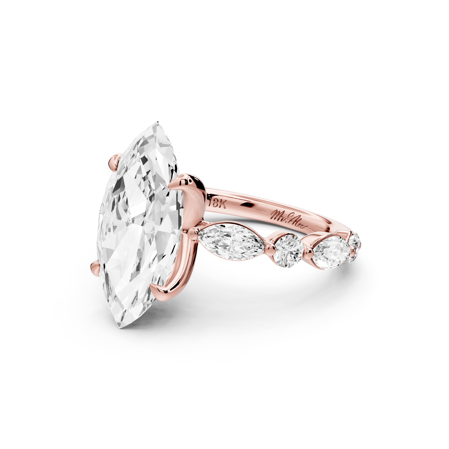 Amalia - 4ct 14k rose gold marquise Round Diamond with Alternating 8 - Stone Marquise and Round Diamond Band Engagement Ring - Mr. Alex Jewelry