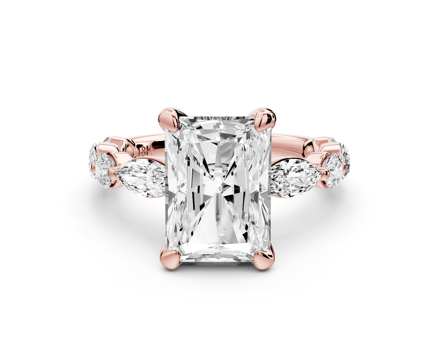 Amalia - 4ct 14k rose gold radiant Round Diamond with Alternating 8 - Stone Marquise and Round Diamond Band Engagement Ring - Mr. Alex Jewelry