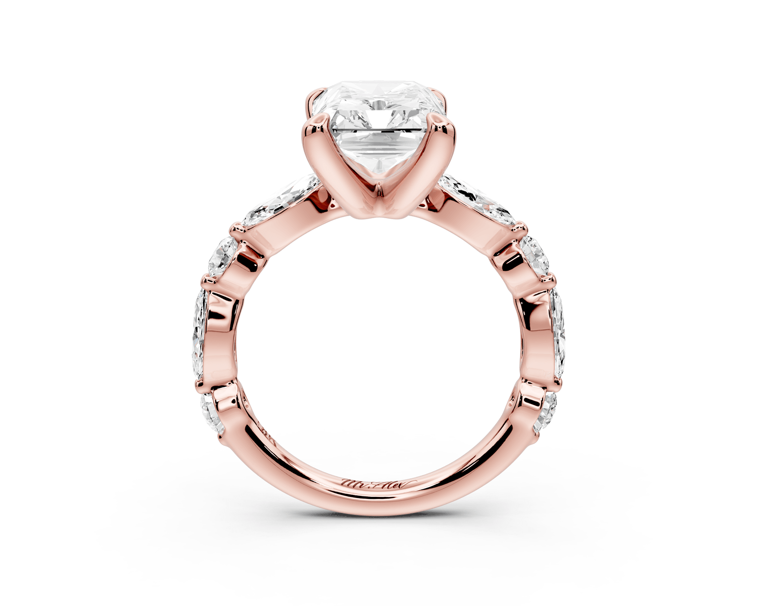 Amalia - 4ct 14k rose gold radiant Round Diamond with Alternating 8 - Stone Marquise and Round Diamond Band Engagement Ring - Mr. Alex Jewelry