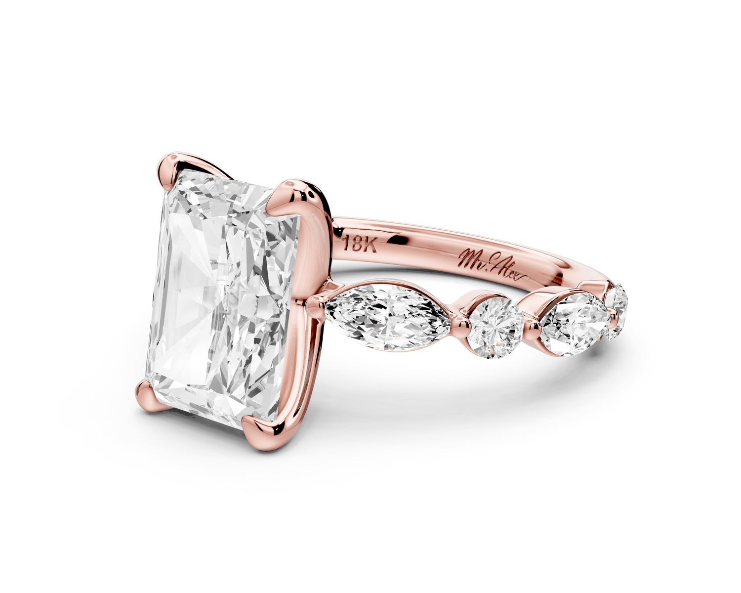 Amalia - 4ct 14k rose gold radiant Round Diamond with Alternating 8 - Stone Marquise and Round Diamond Band Engagement Ring - Mr. Alex Jewelry