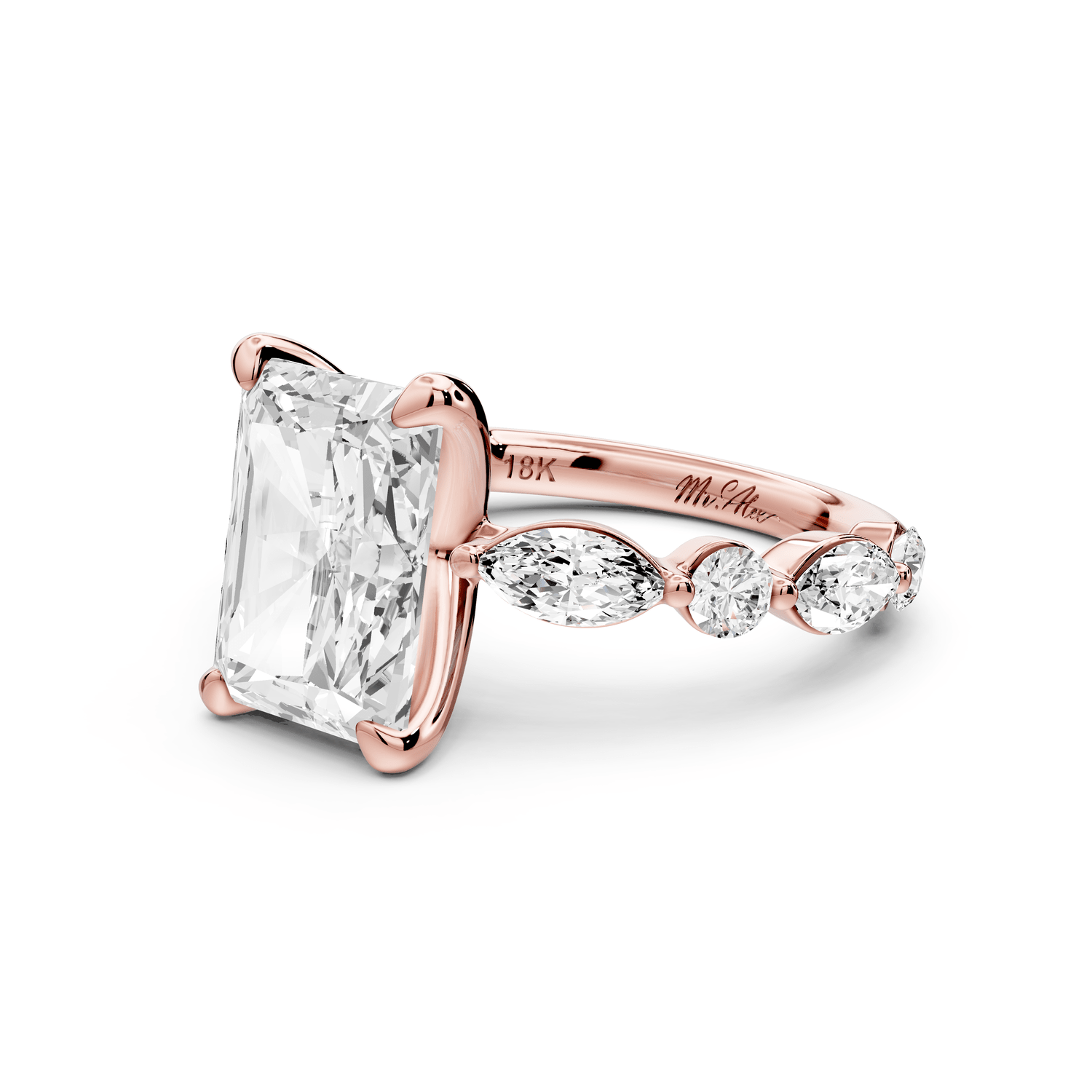 Amalia - 4ct 14k rose gold radiant Round Diamond with Alternating 8 - Stone Marquise and Round Diamond Band Engagement Ring - Mr. Alex Jewelry