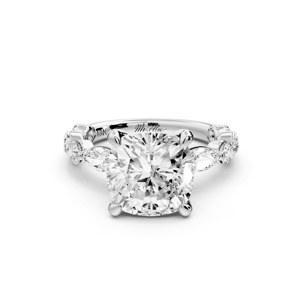 Amalia - 4ct 14k white gold cushion Round Diamond with Alternating 8 - Stone Marquise and Round Diamond Band Engagement Ring - Mr. Alex Jewelry