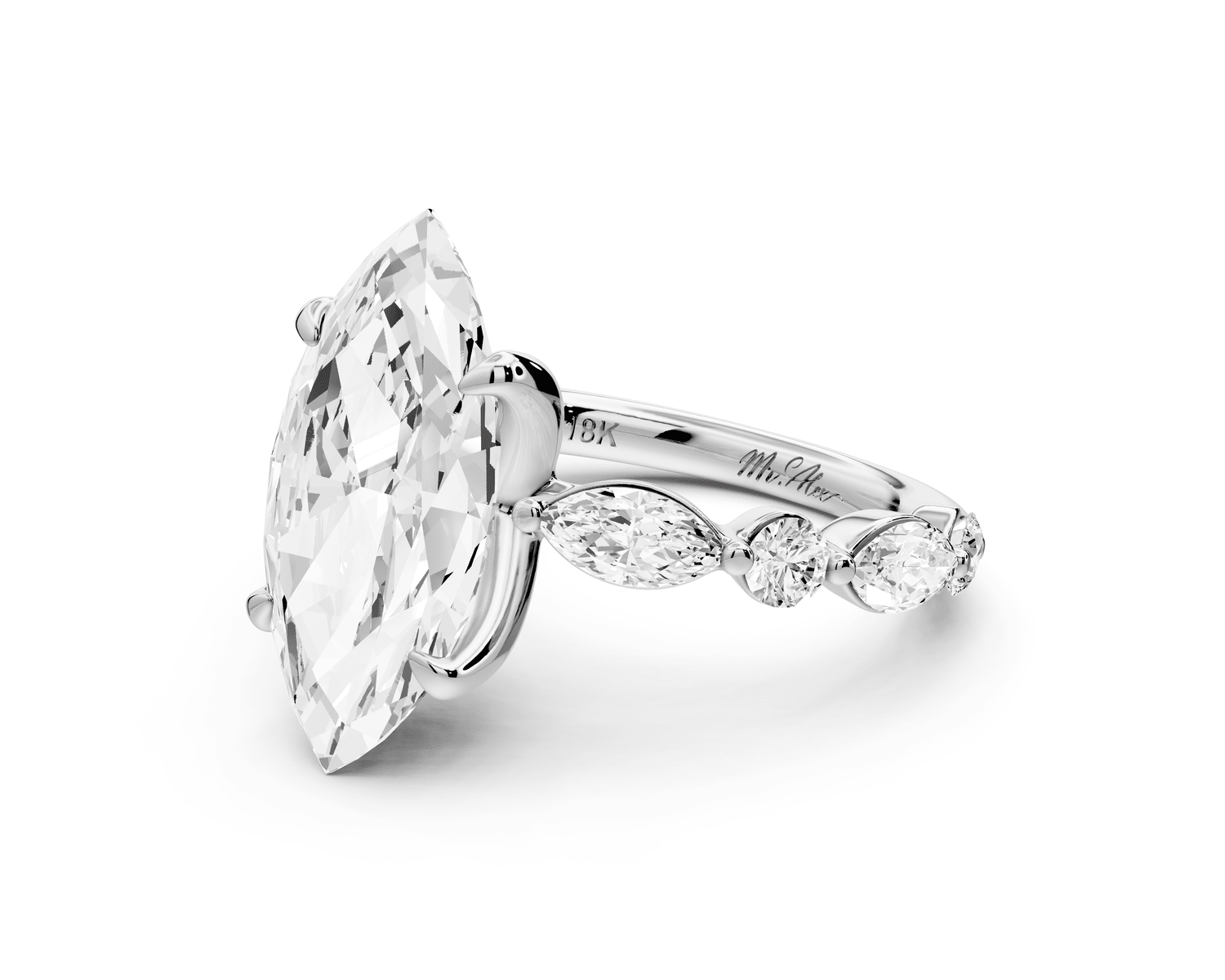 Amalia - 4ct 14k white gold marquise Round Diamond with Alternating 8 - Stone Marquise and Round Diamond Band Engagement Ring - Mr. Alex Jewelry