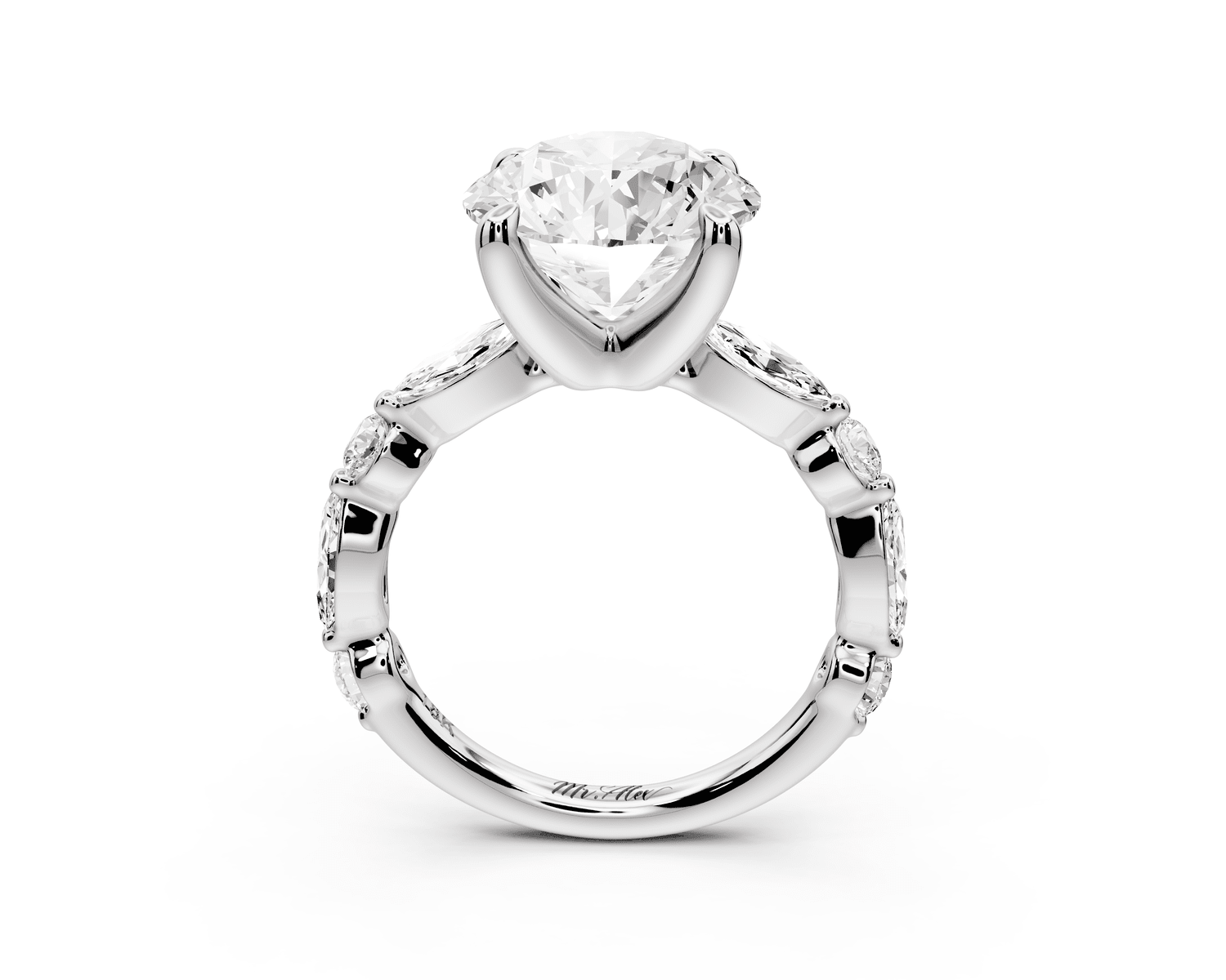 Amalia - 4ct 14k white gold round Round Diamond with Alternating 8 - Stone Marquise and Round Diamond Band Engagement Ring - Mr. Alex Jewelry