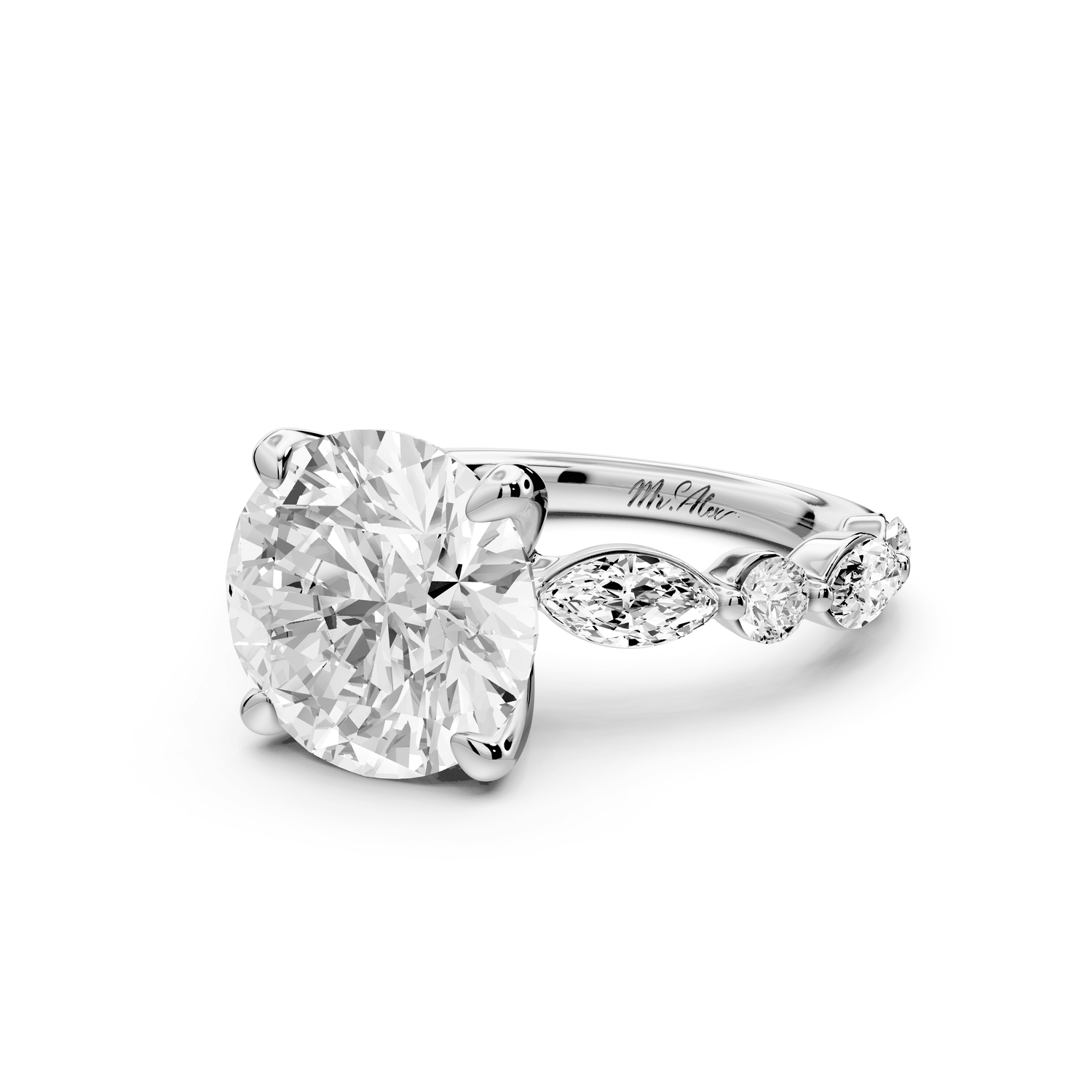Amalia - 4ct 14k white gold round Round Diamond with Alternating 8 - Stone Marquise and Round Diamond Band Engagement Ring - Mr. Alex Jewelry